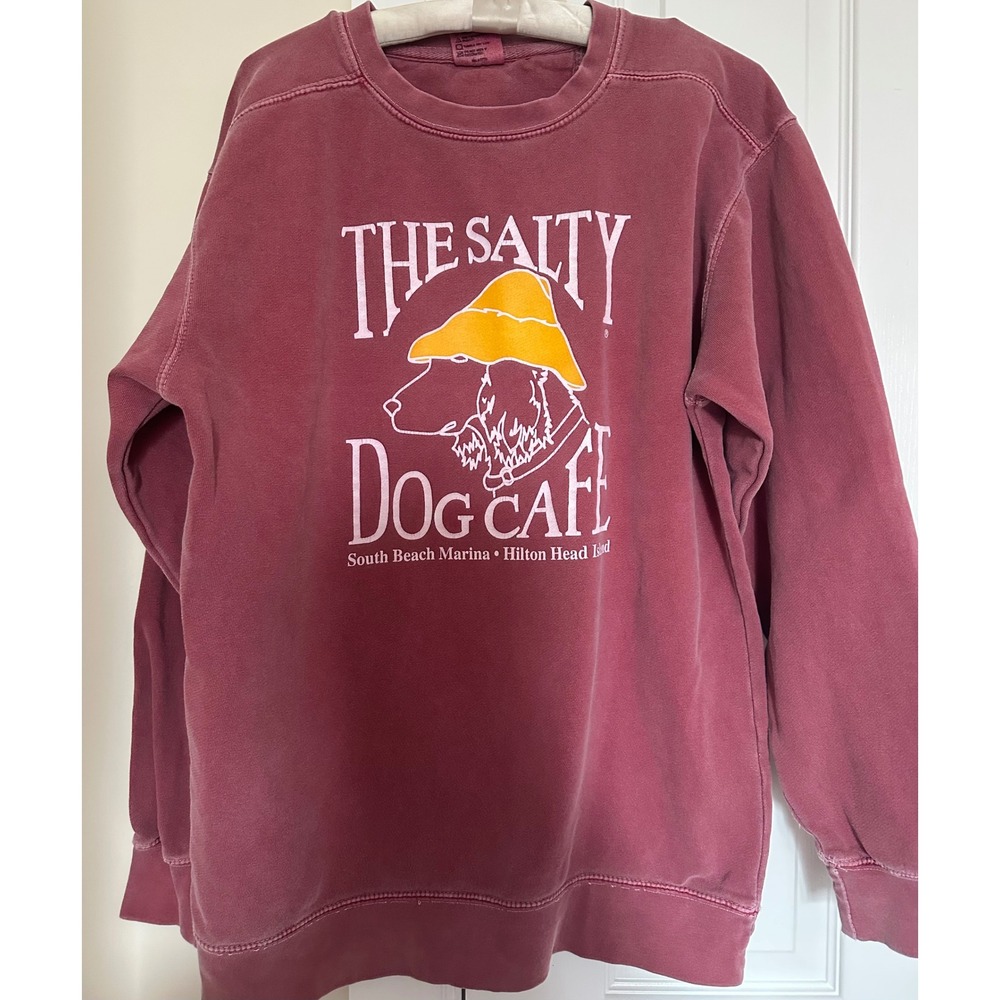 Comfort Colors The Salty Dog Cafe Sweatshirt Maroon Graphic Dog Beach Size M